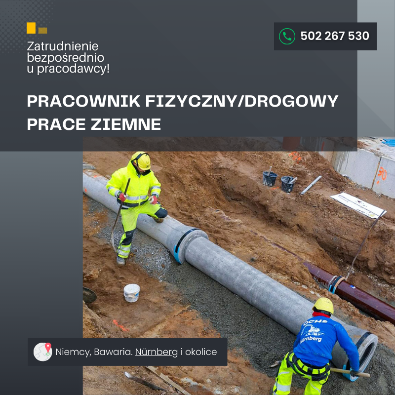Pracownik fizyczny/drogowy – prace ziemne. Niemcy, niem umowa, zagranicz
